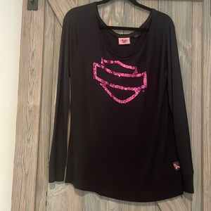 Harley Davidson black with pink sequin breast, cancer awareness large top